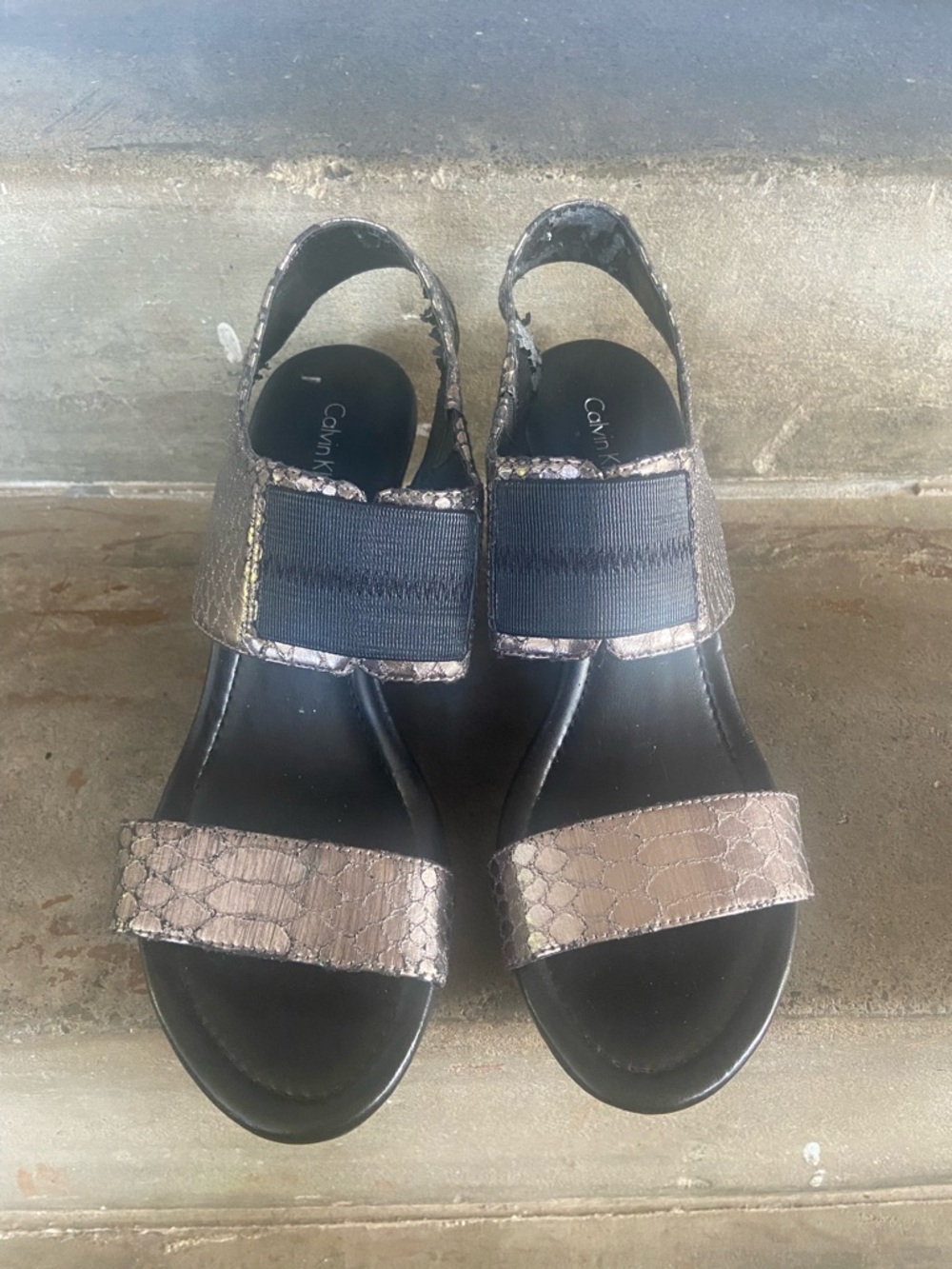 Calvin Klein Madda Bronze Snake-Print Elastic Strap Sandals